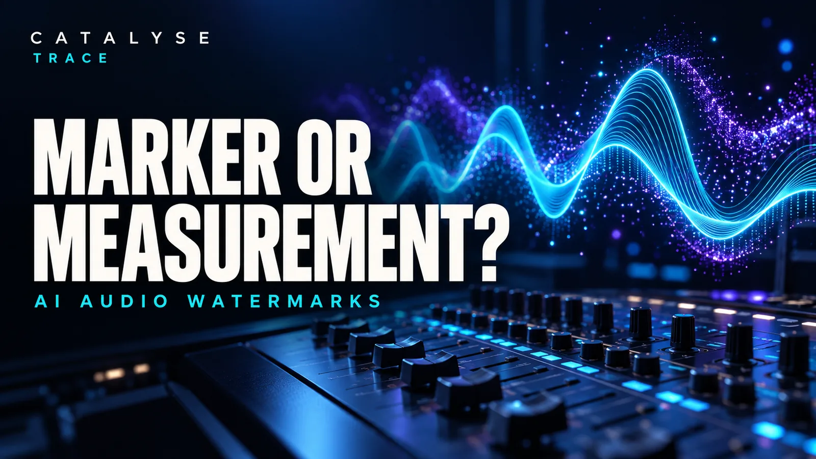 Illustrative waveform and violet particles beneath the headline Marker or measurement?
