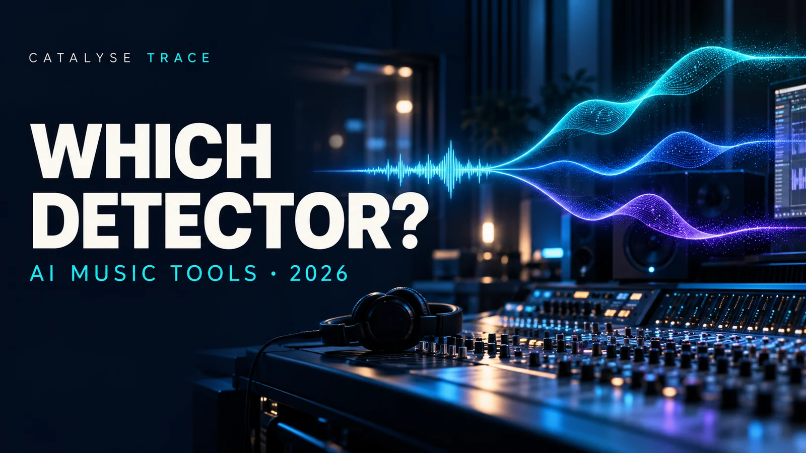 Illustrative cyan audio waveform branching into blue and violet ribbons above a studio console, beneath the headline Which detector? Not scan evidence.