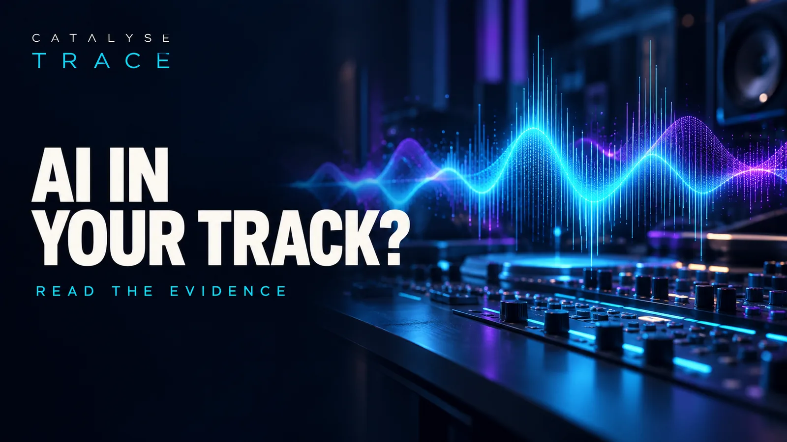 Illustrative cyan waveform and studio playback console beneath the headline AI in your track?