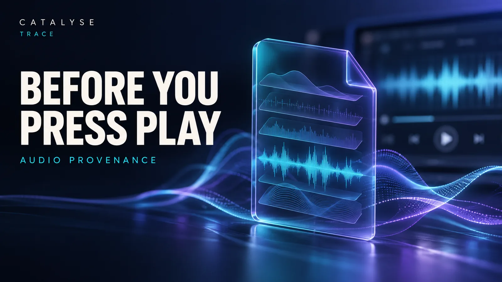 Illustrative audio-file layers and waveform beneath the headline Before you press play.