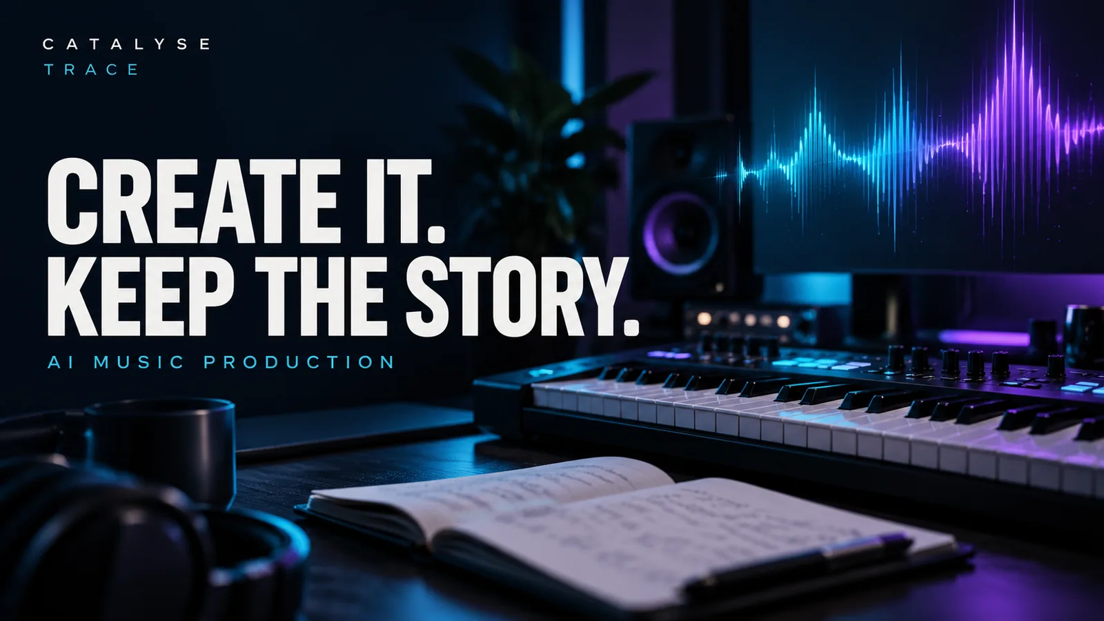Illustrative music keyboard, notebook and waveform beneath the headline Create it. Keep the story.