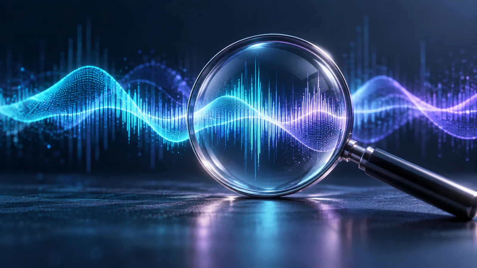 Illustrative magnifying glass examining luminous cyan and purple audio waves. Not scan evidence.