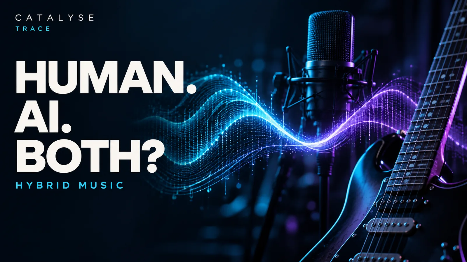 Illustrative microphone, guitar and merging waves beneath the headline Human. AI. Both?