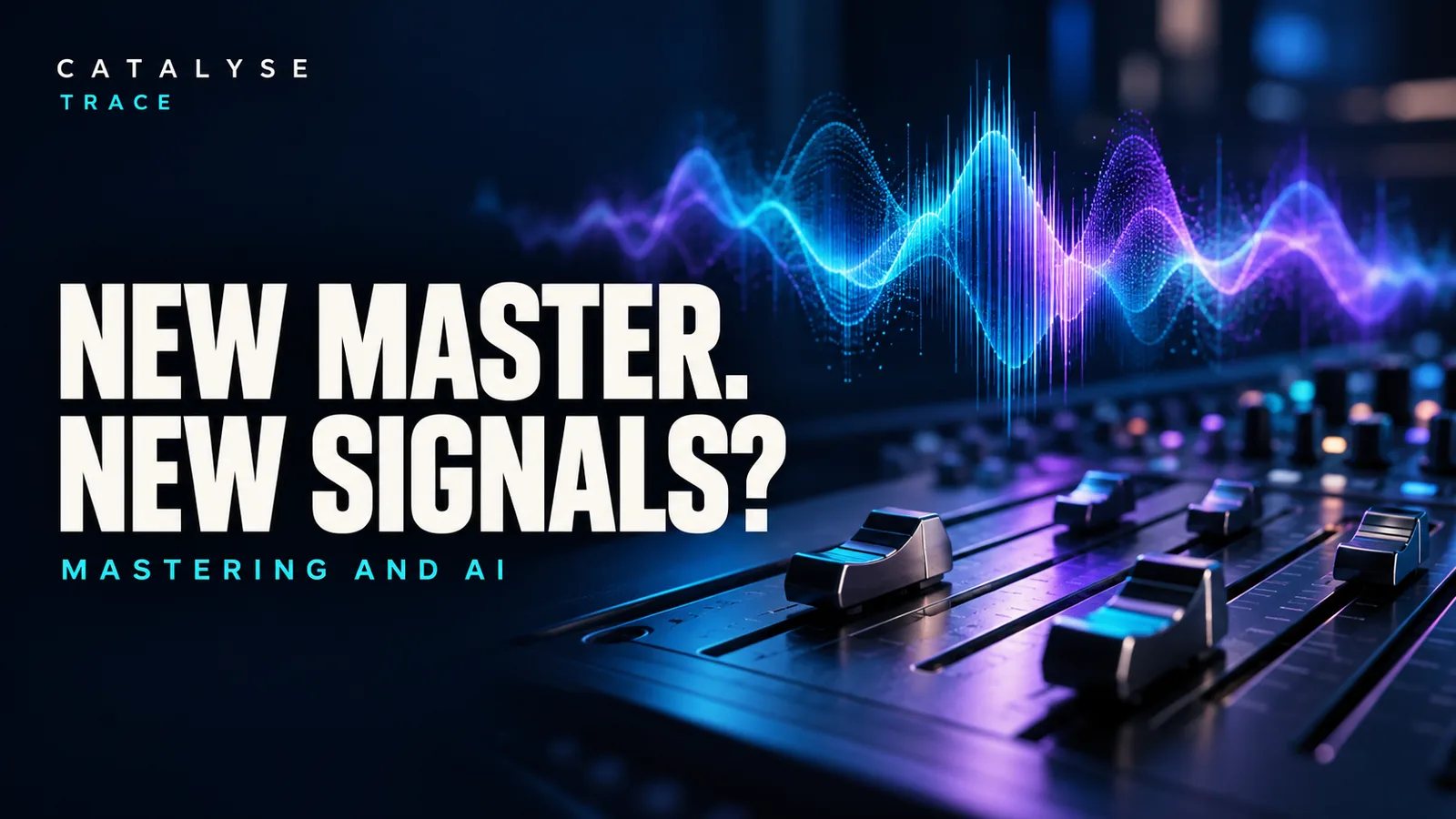 Illustrative mastering-console faders and waveform beneath the headline New master. New signals?