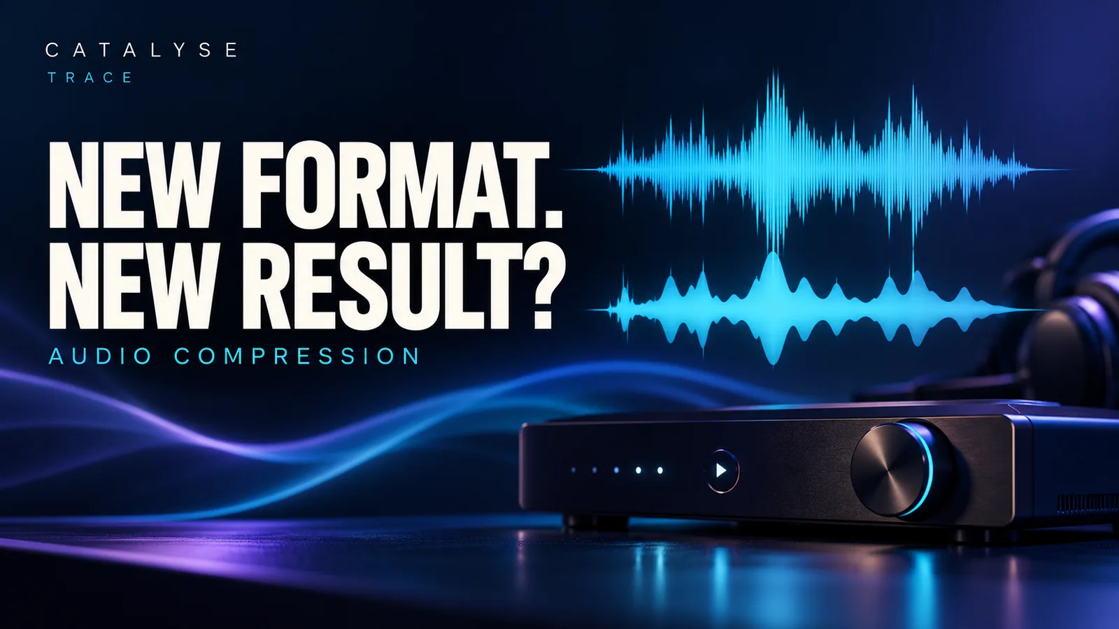 Illustrative detailed and simplified audio waves beneath the headline New format. New result?