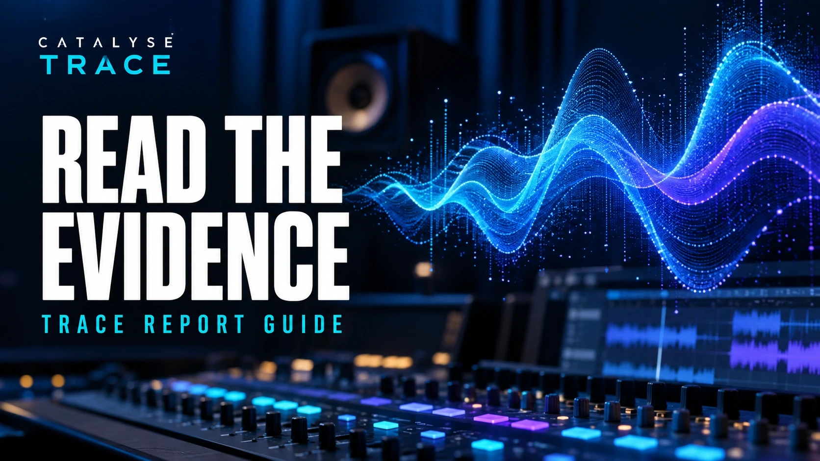 Illustrative cyan and violet audio waves over a studio console, with the headline Read the evidence.