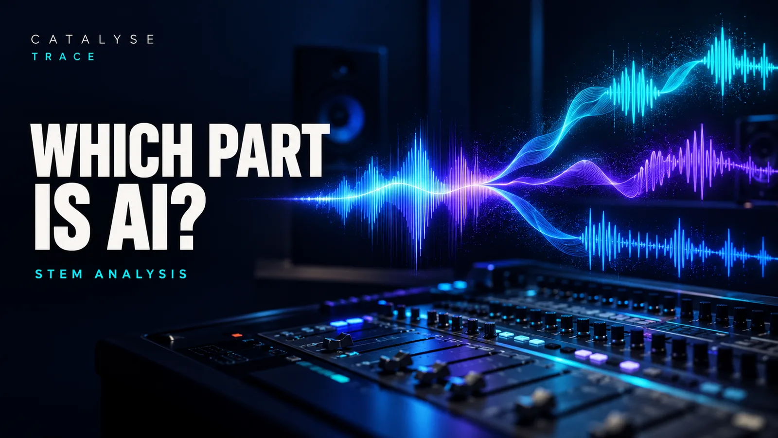 Illustrative separated audio layers beneath the headline Which part is AI?