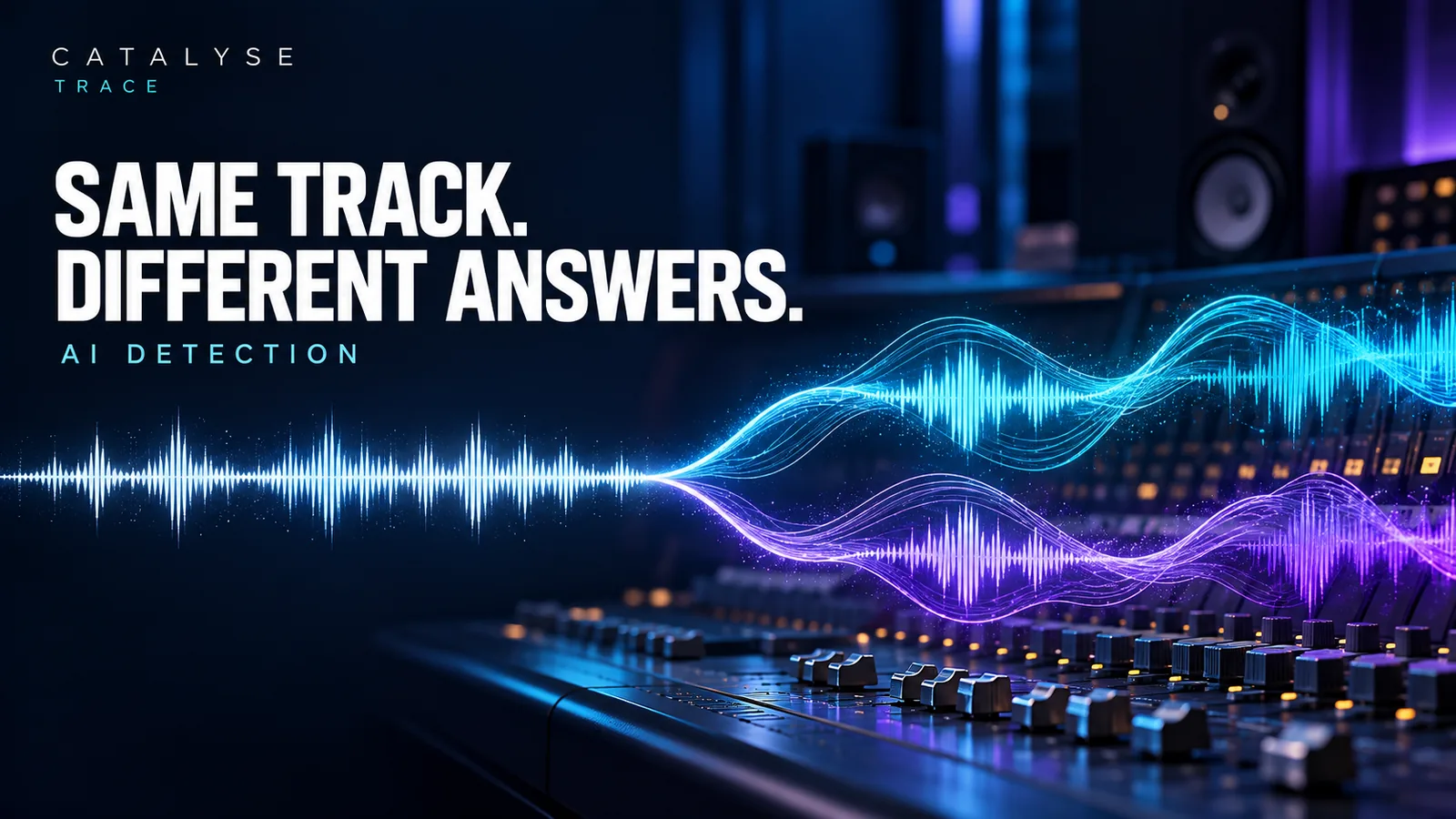 Two illustrative waveform ribbons beneath the headline Same track. Different answers.
